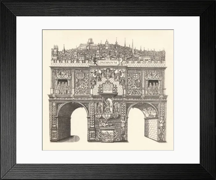 Framed Print : Triumphal Arch Erected in Honour of King Jamess Entrance into and passage through London, 1604, ( Artist: Stephen Harrison Framed Print : Triumphal Arch Erected in Honour of King Jamess Entrance into and passage through London, 1604, ( Artist: Stephen Harrison
