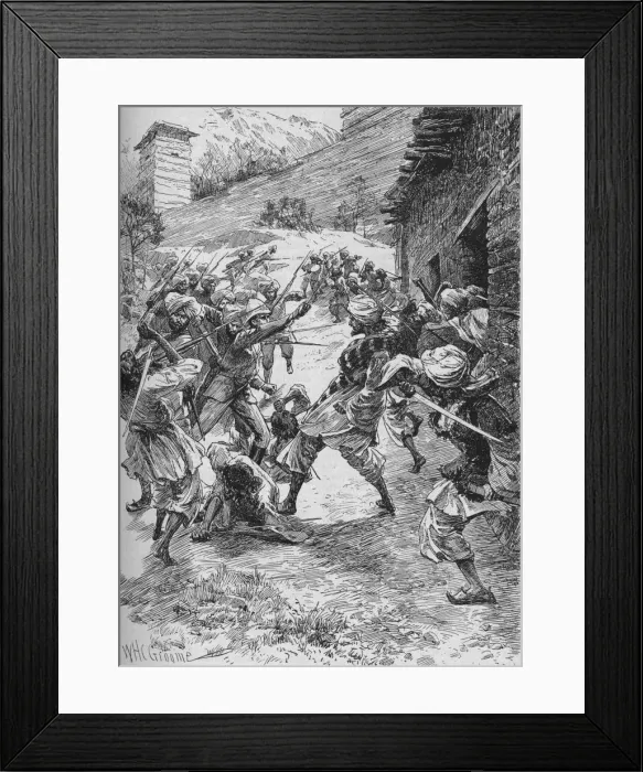 Framed Print : Lieutenant Harley, at the Head of Forty Sikhs and Sixty Kashmiris, Rushed the House Over the Mouth Artist: William Henry Charles Groome Framed Print : Lieutenant Harley, at the Head of Forty Sikhs and Sixty Kashmiris, Rushed the House Over the Mouth Artist: William Henry Charles Groome