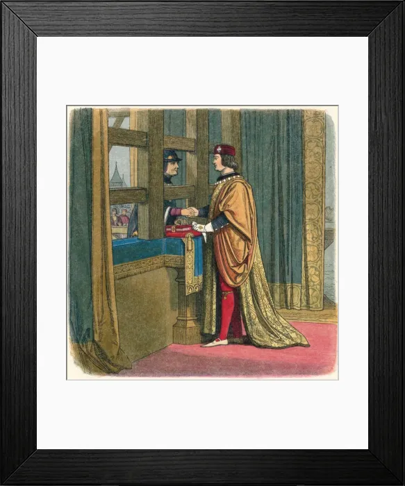 Framed Print : Meeting of Edward IV and Louis XI at Pecquigny, 1475 (1864). Artist: James William Edmund Doyle Framed Print : Meeting of Edward IV and Louis XI at Pecquigny, 1475 (1864). Artist: James William Edmund Doyle