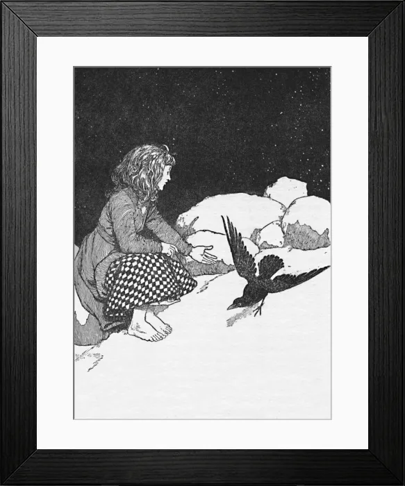 Framed Print : Suddenly a Large Raven Hopped Upon the Snow in front of her, c1930. Artist: W Heath Robinson Framed Print : Suddenly a Large Raven Hopped Upon the Snow in front of her, c1930. Artist: W Heath Robinson