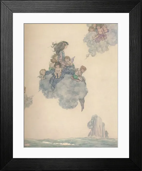 Framed Print : With The Rest of Her Children of Air, Soared High Above the Rosy Cloud, c1930. Artist: W Heath Robinson Framed Print : With The Rest of Her Children of Air, Soared High Above the Rosy Cloud, c1930. Artist: W Heath Robinson