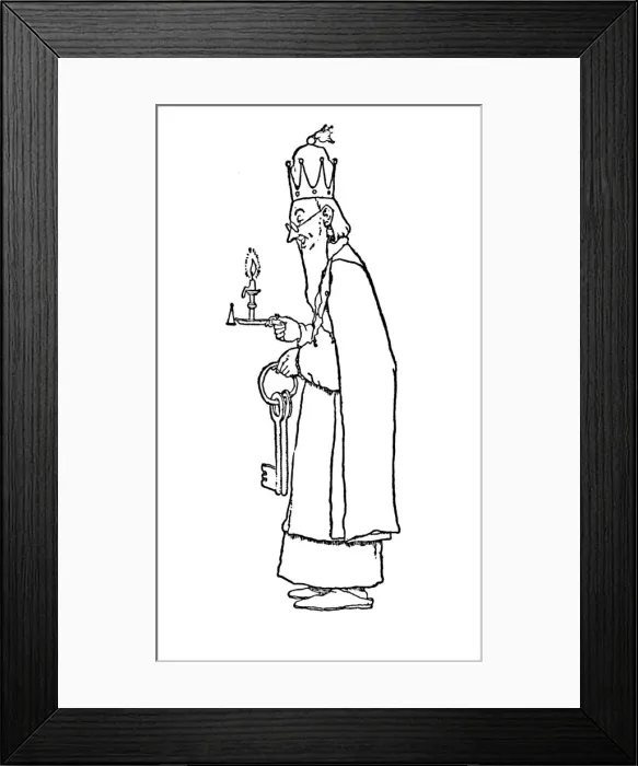 Framed Print : The Old King Himself Went Out To Open It, c1930. Artist: W Heath Robinson Framed Print : The Old King Himself Went Out To Open It, c1930. Artist: W Heath Robinson
