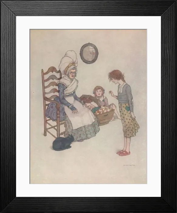 Framed Print : She Sat Down One Day and Made Out of Some Pieces of Red Cloth a Pair of Little Shoes, c1930. Artist: W Heath Robinson Framed Print : She Sat Down One Day and Made Out of Some Pieces of Red Cloth a Pair of Little Shoes, c1930. Artist: W Heath Robinson