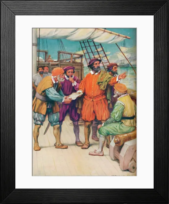 Framed Print : Magellan Consults with his Navigators, c1925. Artist: Arthur Percy Dixon Framed Print : Magellan Consults with his Navigators, c1925. Artist: Arthur Percy Dixon