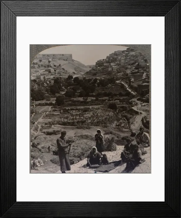 Framed Print : Threshing on roof; overlooking the valley of Kedron, c1900 Framed Print : Threshing on roof; overlooking the valley of Kedron, c1900