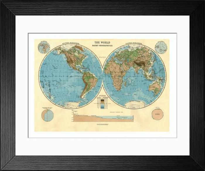 Framed Print : Bathy-Orographical Map of the World, c1920s Framed Print : Bathy-Orographical Map of the World, c1920s