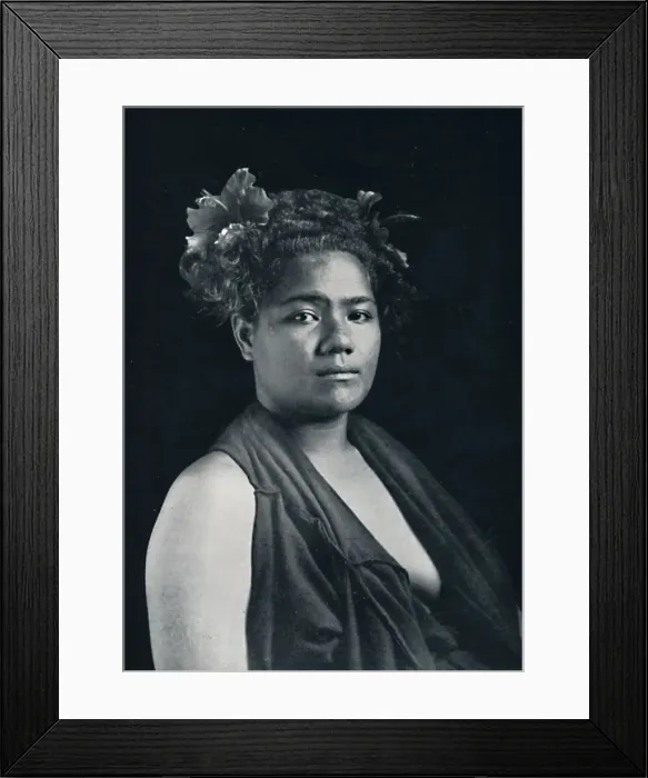 Framed Print : A Tongan woman, with scarlet hibiscus blossoms in her hair, 1902. Artist: JJ Lister Framed Print : A Tongan woman, with scarlet hibiscus blossoms in her hair, 1902. Artist: JJ Lister