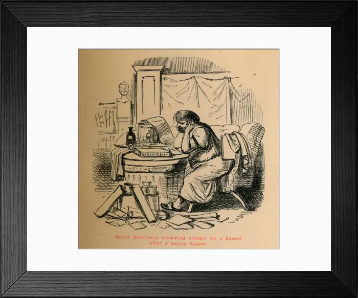 Framed Print : Scipio Aemilianus cramming himself for a Speech after a hearty Supper, 1852. Artist: John Leech Framed Print : Scipio Aemilianus cramming himself for a Speech after a hearty Supper, 1852. Artist: John Leech