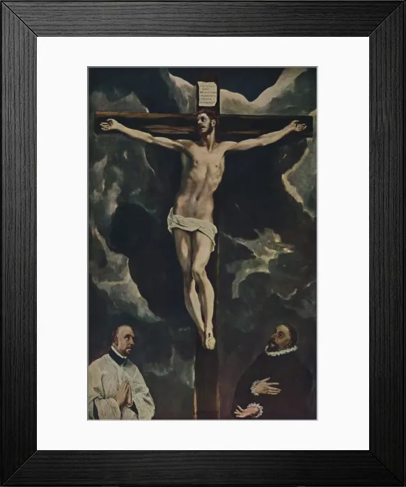 Framed Print : Christus Am Kreuz, Mit Zwei Stiftern, (Christ on the Cross Adored by Donors), c1590, (1938). Artist: El Greco Framed Print : Christus Am Kreuz, Mit Zwei Stiftern, (Christ on the Cross Adored by Donors), c1590, (1938). Artist: El Greco