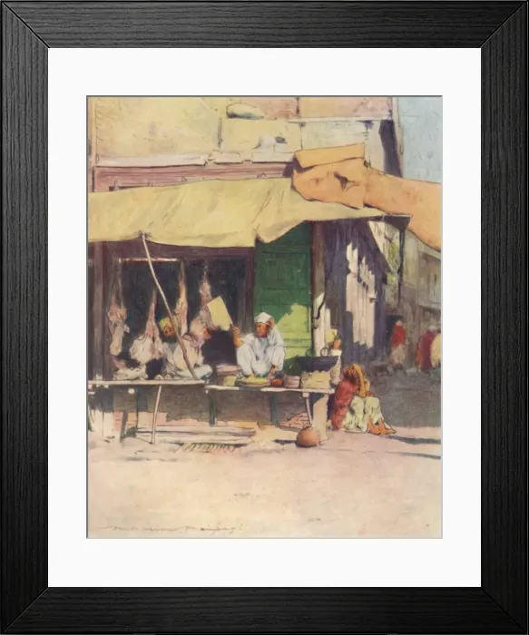 Framed Print : A Meat Shop in Peshawur, 1905. Artist: Mortimer Luddington Menpes Framed Print : A Meat Shop in Peshawur, 1905. Artist: Mortimer Luddington Menpes