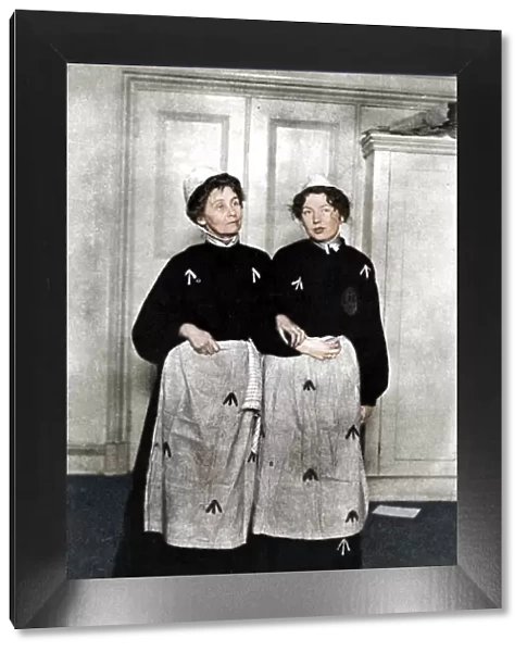 Emmeline and Christabel Pankhurst, English suffragettes, in prison dress, 1908