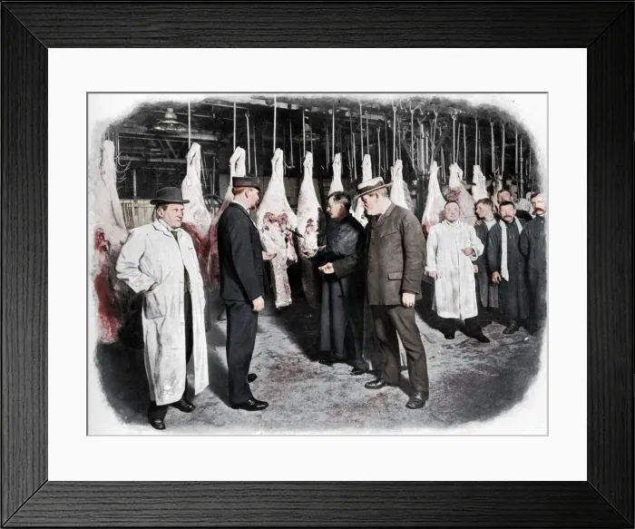 Framed Print : Inspecting meat at Smithfield Market, City of London, c1903 (1903) Framed Print : Inspecting meat at Smithfield Market, City of London, c1903 (1903)