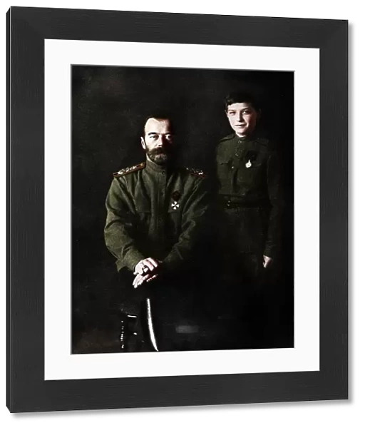 Nicholas II, Tsar of Russia and his son, Alexei, in military uniform, 1915
