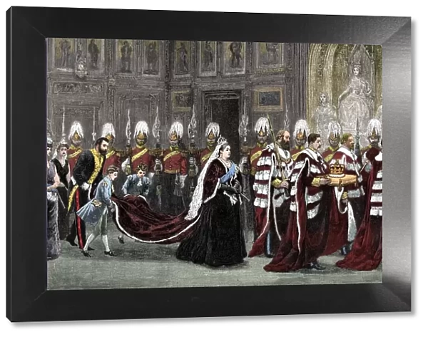 The royal procession in Westminster Palace on the way to the House of Lords, 1886, (1900)