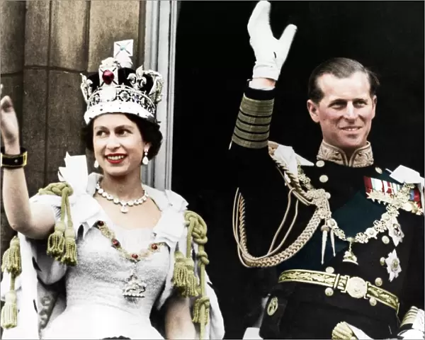 Queen Elizabeth II and the Duke of Edinburgh on their coronation day, Buckingham Palace, 1953