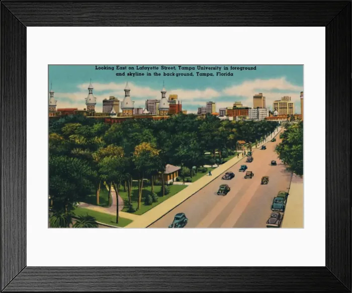 Framed Print : Looking East on Lafayette Street, Tampa University and skyline, Tampa, Florida, c1940s Framed Print : Looking East on Lafayette Street, Tampa University and skyline, Tampa, Florida, c1940s