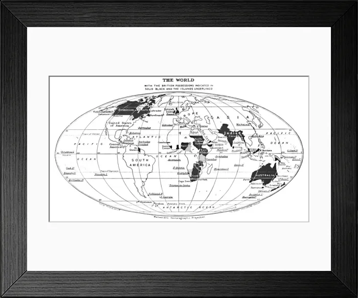 Framed Print : The World with the British Possessions Indicated in Solid Black and the Islands Underlined, 1924 Framed Print : The World with the British Possessions Indicated in Solid Black and the Islands Underlined, 1924