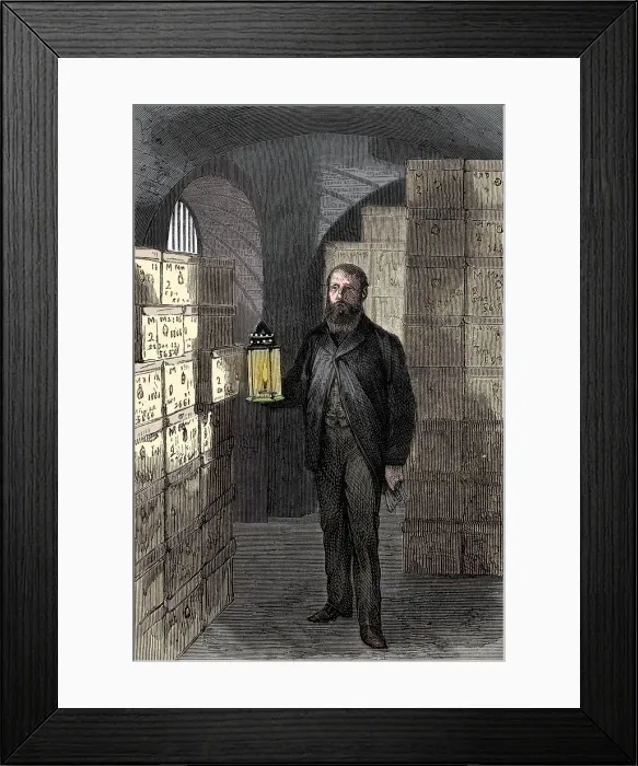 Framed Print : Banknote store in the vaults of the Bank of England, c1870