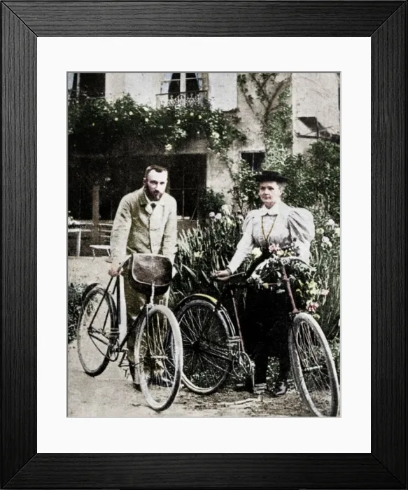Framed Print : Pierre and Marie Curie, French physicists, preparing to go cycling Framed Print : Pierre and Marie Curie, French physicists, preparing to go cycling