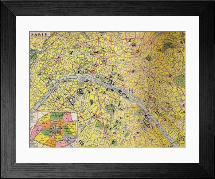 Framed Print : Plan of Paris - Central District of the City of Light, c1930s Framed Print : Plan of Paris - Central District of the City of Light, c1930s