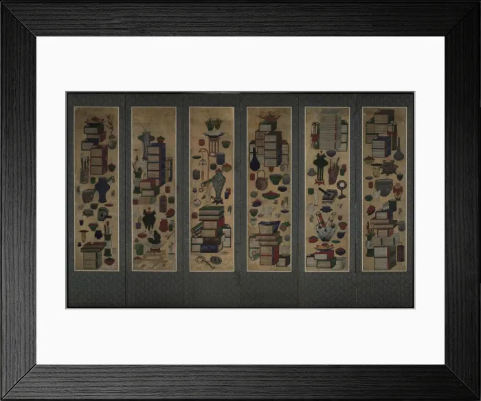 Framed Print : Scholars books and utensils (Ch aekkori). Six-section folding screen, Mid of the 19th cen Artist: Anonymous Framed Print : Scholars books and utensils (Ch aekkori). Six-section folding screen, Mid of the 19th cen Artist: Anonymous