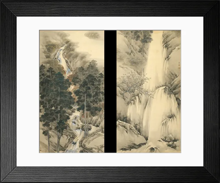 Framed Print : Waterfall in Spring and Autumn (Set of two hanging scrolls), 1893. Artist: Chikudo, Kishi (1826-1897) Framed Print : Waterfall in Spring and Autumn (Set of two hanging scrolls), 1893. Artist: Chikudo, Kishi (1826-1897)