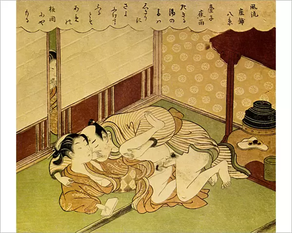 Two Lovers (Shunga - erotic woodblock print), c. 1750. Artist: Harunobu, Suzuki (1724-1770)