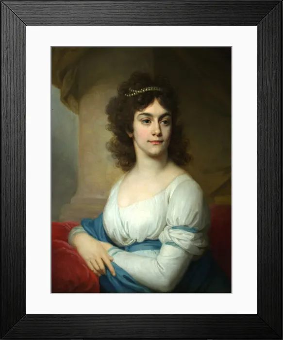 Framed Print : Portrait of an Unknown Woman in white gown with blue ribbon, End 1790s. Artist: Borovikovsky, Vladimir Lukich (1757-1825) Framed Print : Portrait of an Unknown Woman in white gown with blue ribbon, End 1790s. Artist: Borovikovsky, Vladimir Lukich (1757-1825)