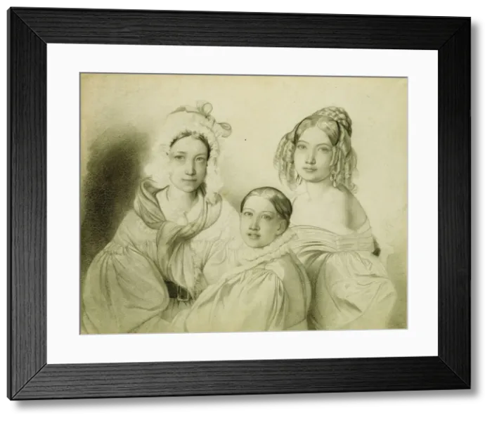 Framed Print : Portrait of Countesses Praskovia, Nadezhda and Maria Vyazemsky, 1835. Artist: Bruni, Fyodor Antonovich (1800-1875) Framed Print : Portrait of Countesses Praskovia, Nadezhda and Maria Vyazemsky, 1835. Artist: Bruni, Fyodor Antonovich (1800-1875)
