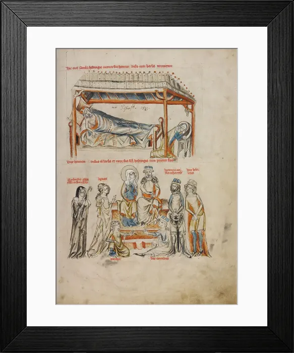 Framed Print : Heinrich Sleeping and Hedwig Praying. Heinrich and Hedwig with Their Children, 1353. Artist: Court workshop of Duke Ludwig I of Liegnitz (active 1350-1398) Framed Print : Heinrich Sleeping and Hedwig Praying. Heinrich and Hedwig with Their Children, 1353. Artist: Court workshop of Duke Ludwig I of Liegnitz (active 1350-1398)