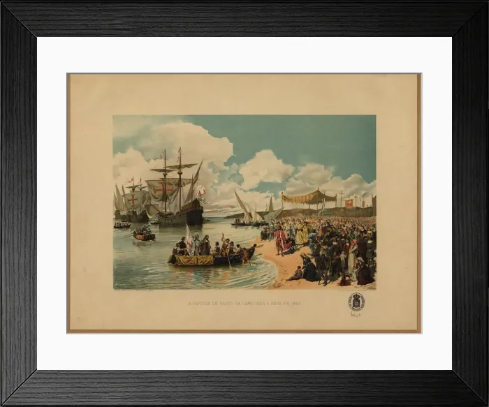 Framed Print : Vasco da Gamas arrival in India, c. 1900. Artist: Gameiro, Alfredo Roque (1864-1935) Framed Print : Vasco da Gamas arrival in India, c. 1900. Artist: Gameiro, Alfredo Roque (1864-1935)