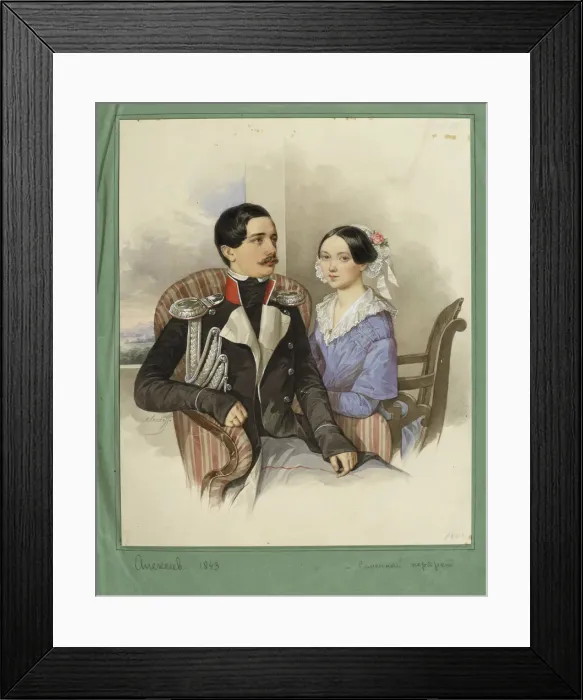 Framed Print : Portrait of Count Jakov Karlovich Sievers (1818-1865) and Countess Vera Mikhaylovna 1818-1865, 1843. Artist: Alexeyev, N. M. (active First Half of 19th cen. ) Framed Print : Portrait of Count Jakov Karlovich Sievers (1818-1865) and Countess Vera Mikhaylovna 1818-1865, 1843. Artist: Alexeyev, N. M. (active First Half of 19th cen. )