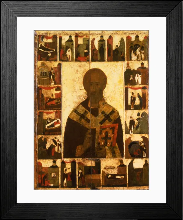 Framed Print : Saint Nicholas with scenes from his life, 14th century. Artist: Russian icon Framed Print : Saint Nicholas with scenes from his life, 14th century. Artist: Russian icon