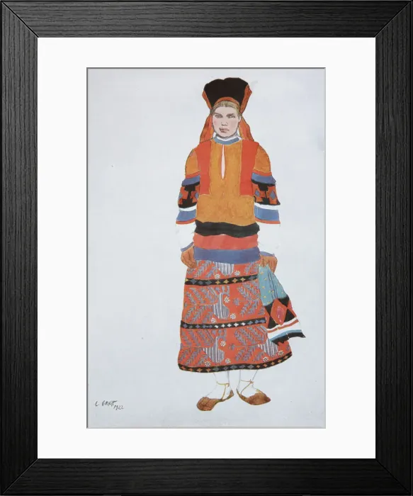 Framed Print : Peasant woman. Costume design for the Vaudeville Old Moscow at the Theatre Femina in Paris, 1922. Artist: Bakst, Leon (1866-1924) Framed Print : Peasant woman. Costume design for the Vaudeville Old Moscow at the Theatre Femina in Paris, 1922. Artist: Bakst, Leon (1866-1924)