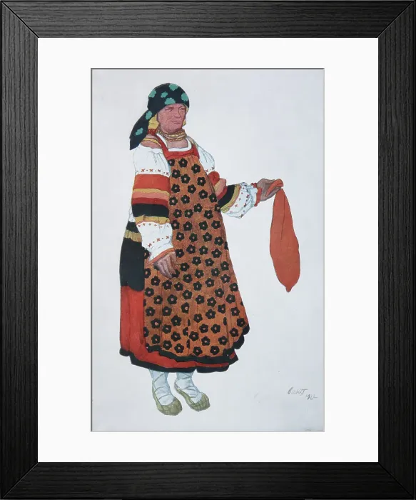 Framed Print : Peasant woman. Costume design for the Vaudeville Old Moscow at the Theatre Femina in Paris, 1922. Artist: Bakst, Leon (1866-1924) Framed Print : Peasant woman. Costume design for the Vaudeville Old Moscow at the Theatre Femina in Paris, 1922. Artist: Bakst, Leon (1866-1924)