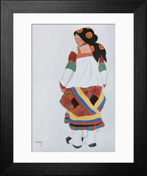 Framed Print : Peasant woman. Costume design for the Vaudeville Old Moscow at the Theatre Femina in Paris, 1922. Artist: Bakst, Leon (1866-1924) Framed Print : Peasant woman. Costume design for the Vaudeville Old Moscow at the Theatre Femina in Paris, 1922. Artist: Bakst, Leon (1866-1924)