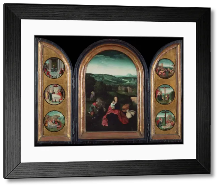 Framed Print : Rest on the Flight into Egypt (Triptych), ca 1515. Artist: Patinir, Joachim, follower of Framed Print : Rest on the Flight into Egypt (Triptych), ca 1515. Artist: Patinir, Joachim, follower of