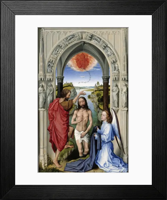 Framed Print : The Baptism of Christ (The Altar of St. John, middle panel), ca 1455. Artist: Weyden, Rogier, van der (ca. 1399-1464) Framed Print : The Baptism of Christ (The Altar of St. John, middle panel), ca 1455. Artist: Weyden, Rogier, van der (ca. 1399-1464)