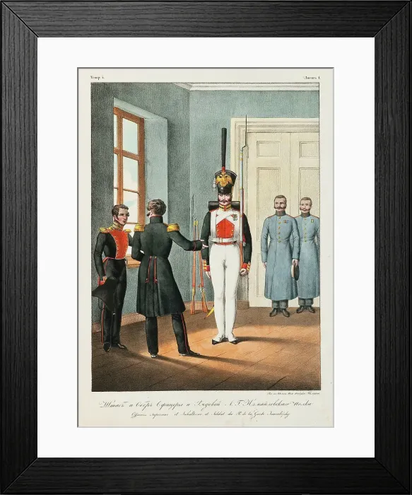 Framed Print : Chief Officers and Soldiers of the Izmaylovsky Lifeguard regiment, 1830-1840s. Artist: Belousov, Lev Alexandrovich (1806-1864) Framed Print : Chief Officers and Soldiers of the Izmaylovsky Lifeguard regiment, 1830-1840s. Artist: Belousov, Lev Alexandrovich (1806-1864)