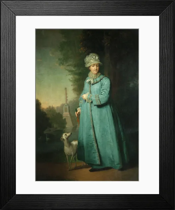 Framed Print : Catherine II strolling in the park at Tsarskoye Selo with the Chesme Column in the background, 1794. Artist: Borovikovsky, Vladimir Lukich (1757-1825) Framed Print : Catherine II strolling in the park at Tsarskoye Selo with the Chesme Column in the background, 1794. Artist: Borovikovsky, Vladimir Lukich (1757-1825)