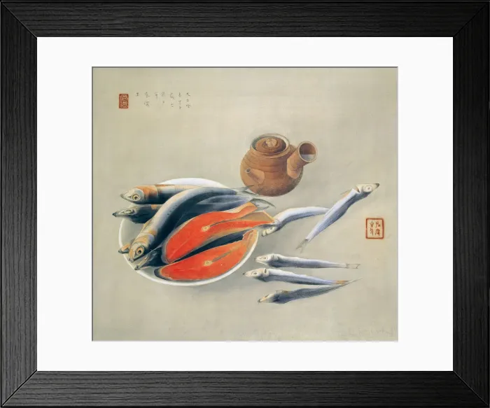 Framed Print : Still Life. Salmon Slices and Sardines, 1924. Artist: Bakusen, Tsuchida (1887-1936) Framed Print : Still Life. Salmon Slices and Sardines, 1924. Artist: Bakusen, Tsuchida (1887-1936)