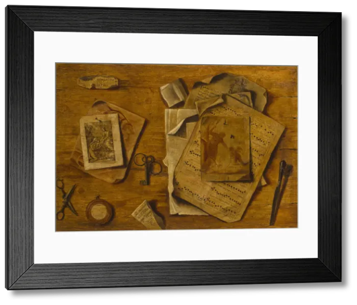 Framed Print : Trompe-l??il with musical score, drawings and keys, c. 1800. Artist: Anonymous Framed Print : Trompe-l??il with musical score, drawings and keys, c. 1800. Artist: Anonymous