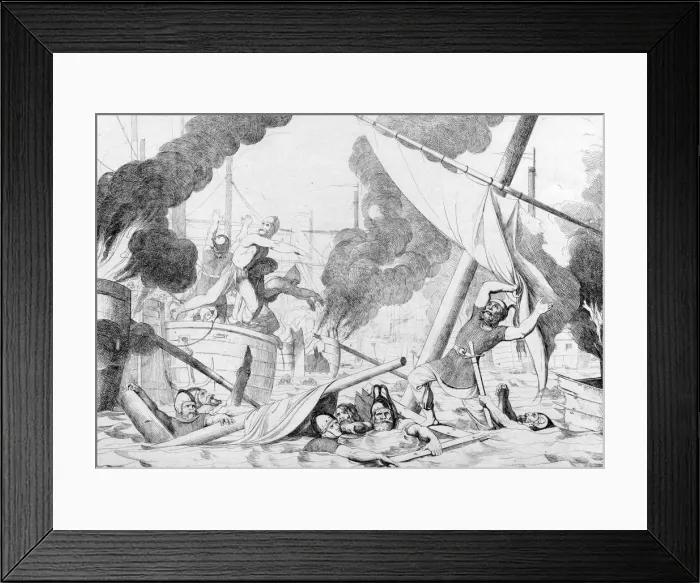 Framed Print : Greek fire during the Siege of Constantinople, before 1839. Artist: Bruni, Fyodor Antonovich (1800-1875) Framed Print : Greek fire during the Siege of Constantinople, before 1839. Artist: Bruni, Fyodor Antonovich (1800-1875)
