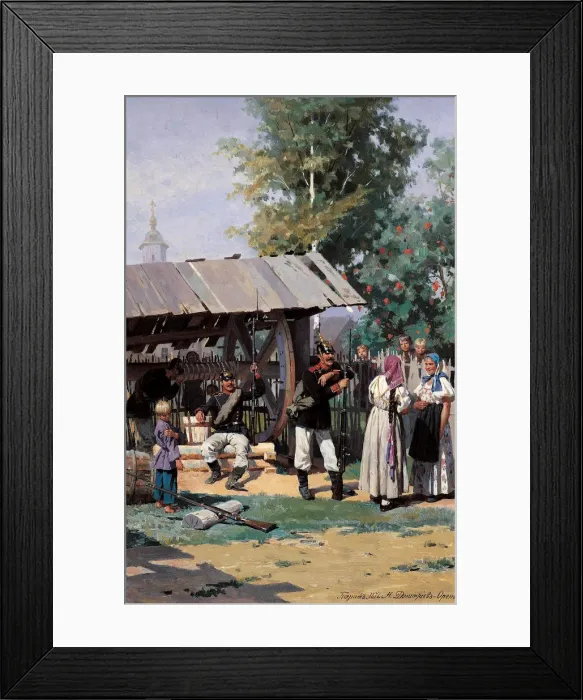 Framed Print : Russian Soldiers in a Country Village, 1877. Artist: Dmitriev-Orenburgsky, Nikolai Dmitrievich (1837-1898) Framed Print : Russian Soldiers in a Country Village, 1877. Artist: Dmitriev-Orenburgsky, Nikolai Dmitrievich (1837-1898)