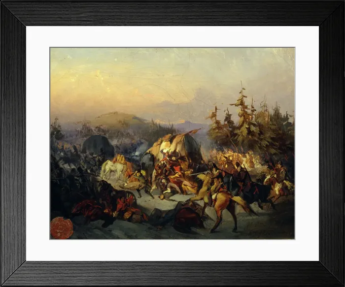 Framed Print : Russian Cossacks attack French troops in transit. Artist: Filippov, Konstantin Nikolayevich (1830-1878) Framed Print : Russian Cossacks attack French troops in transit. Artist: Filippov, Konstantin Nikolayevich (1830-1878)
