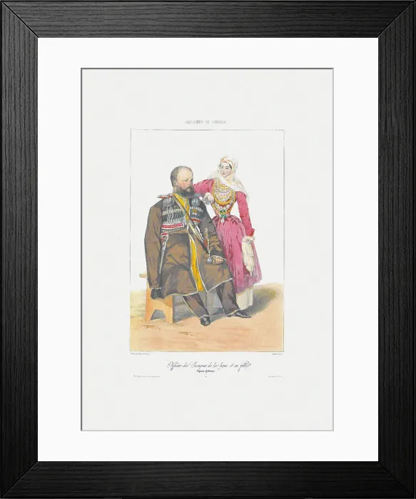 Framed Print : Terek Cossack with Daughter (From: Scenes, paysages, meurs et costumes du Caucase), 1840. Artist: Gagarin, Grigori Grigorievich (1810-1893) Framed Print : Terek Cossack with Daughter (From: Scenes, paysages, meurs et costumes du Caucase), 1840. Artist: Gagarin, Grigori Grigorievich (1810-1893)