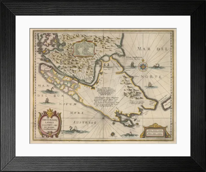 Framed Print : Freti Magellanici ac novi freti vulgo Le Maire exactissima delineatio, c. 1630. Artist: Hondius, Jodocus (1563-1612) Framed Print : Freti Magellanici ac novi freti vulgo Le Maire exactissima delineatio, c. 1630. Artist: Hondius, Jodocus (1563-1612)