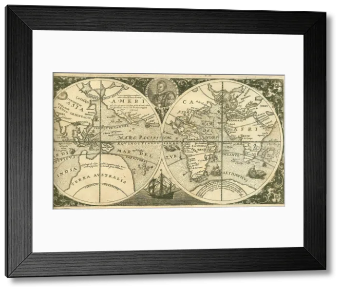 Framed Print : Title page of Americae Pars VIII (with a portrait of Francis Drake and his ship, the Golden Hind), 1 Artist: Bry, Theodor de (1528-1598) Framed Print : Title page of Americae Pars VIII (with a portrait of Francis Drake and his ship, the Golden Hind), 1 Artist: Bry, Theodor de (1528-1598)