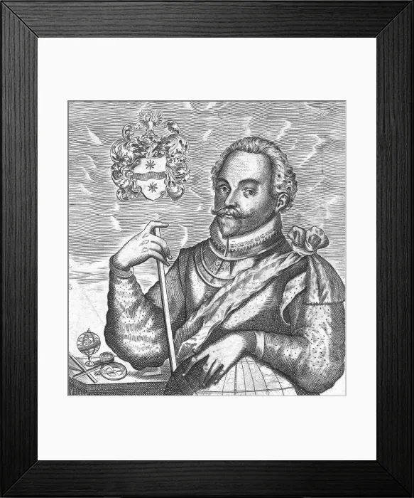 Framed Print : Portrait of Sir Francis Drake. (Frontispiece from The World Encompassed), 1628. Artist: Anonymous Framed Print : Portrait of Sir Francis Drake. (Frontispiece from The World Encompassed), 1628. Artist: Anonymous