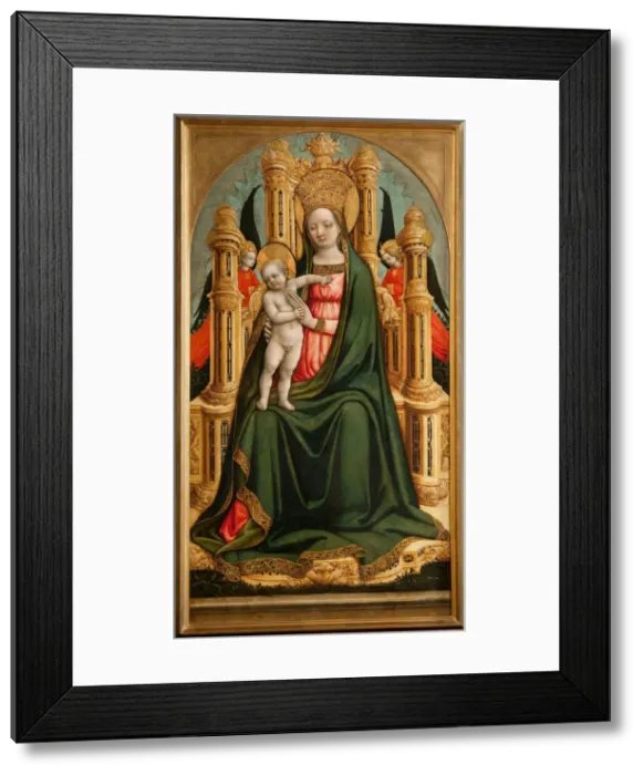 Framed Print : The Virgin and Child Enthroned and Two Angels, c. 1450. Artist: Vivarini, Antonio (ca 1440-1480)